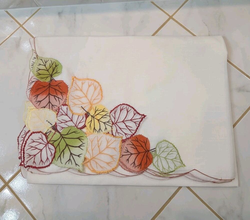 Evermaple Cream Embroidered Fall Leaves Tablecloth 60x84 Rectangular Cutwork